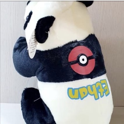 Panda plush toy with a Pokeball and a nickname printed on it
