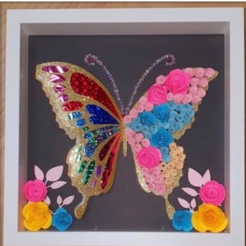 Framed paper art butterfly made of colourful quilled flowers